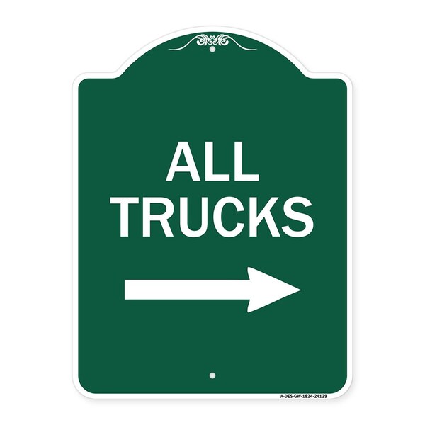 Signmission Driveway Sign All Trucks W/ Right Arrow, Green & White Aluminum Sign, 18" x 24", GW-1824-24129 A-DES-GW-1824-24129 - main